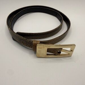 Escada Brown Leather Patterned Belt with Gold Buckle reptile embossed